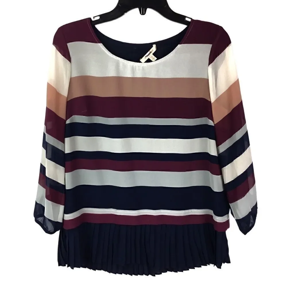 Skies are Blue Blouse Pleated Hem Ivory Blue Maroon Tan Striped Small